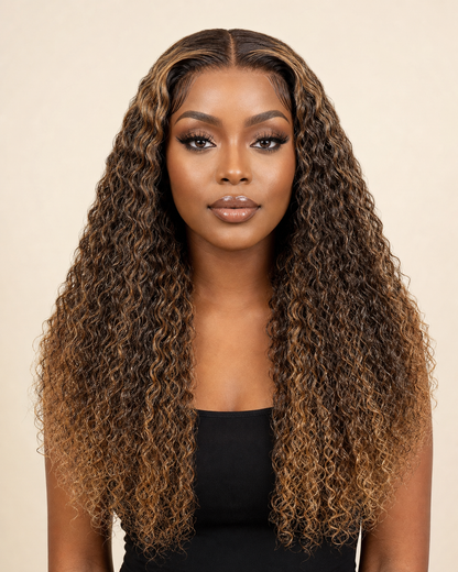 Perruque Bouclée Longue · Ombré Caramel portée, vue de face