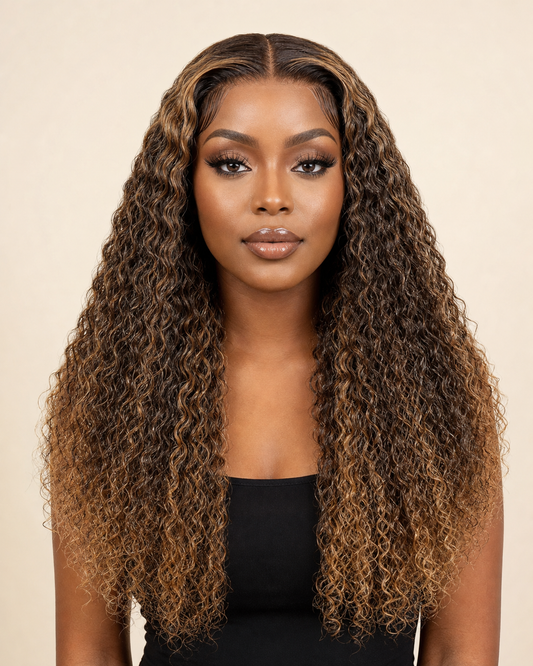 Perruque Bouclée Longue · Ombré Caramel portée, vue de face