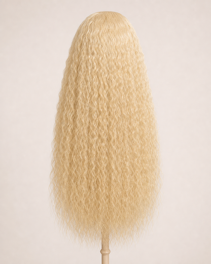 Perruque bouclée longue Blond Clair vue de dos sur mannequin