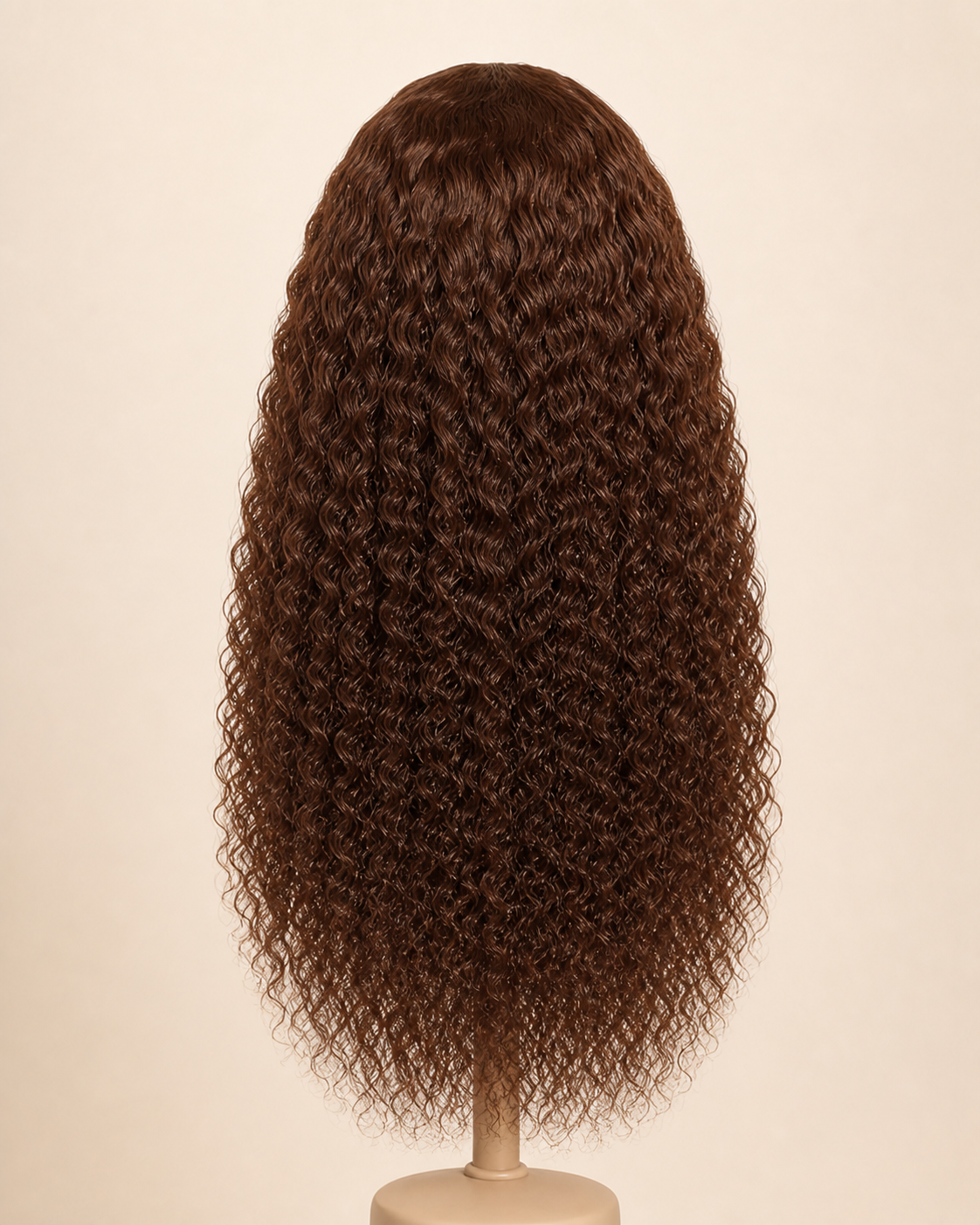 Perruque bouclée longue Brun Chocolat vue de dos sur mannequin