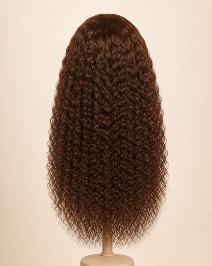 Perruque bouclée longue Brun Chocolat vue de dos sur mannequin