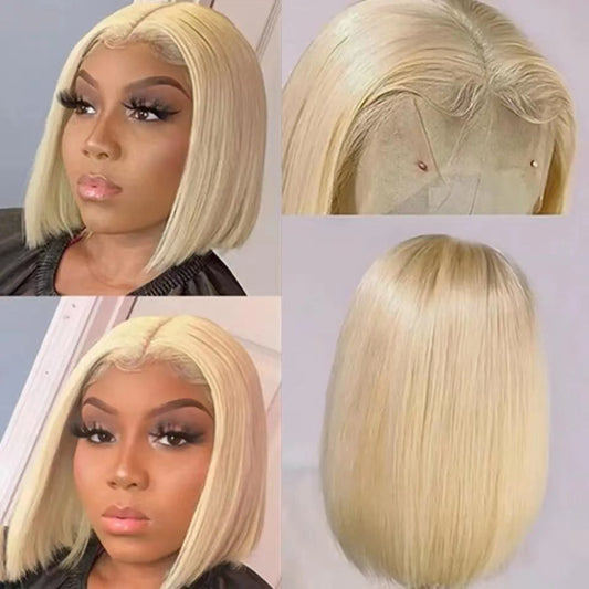 Bob lisse blond doré de 12 pouces porté et présenté sous plusieurs angles