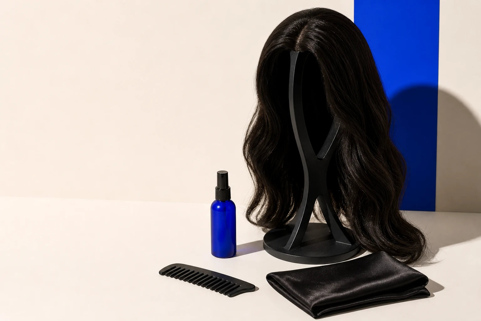 Perruque sur support avec peigne, soie et spray sans marque
