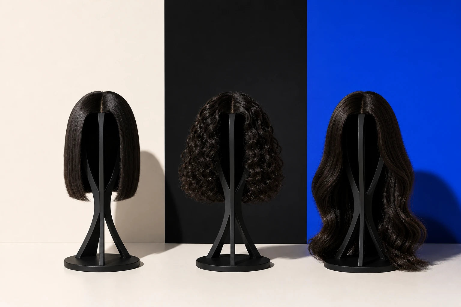 Trois silhouettes de coiffure sur supports noirs