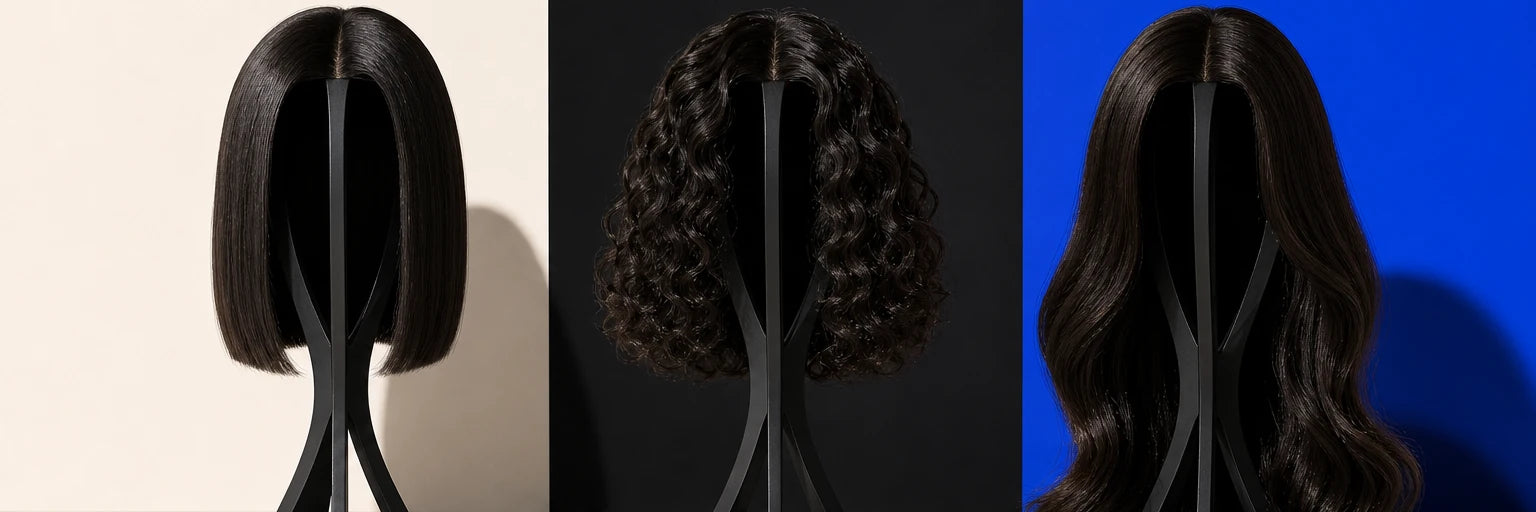 Trois silhouettes de coiffure : carré, bouclée et longue ondulée
